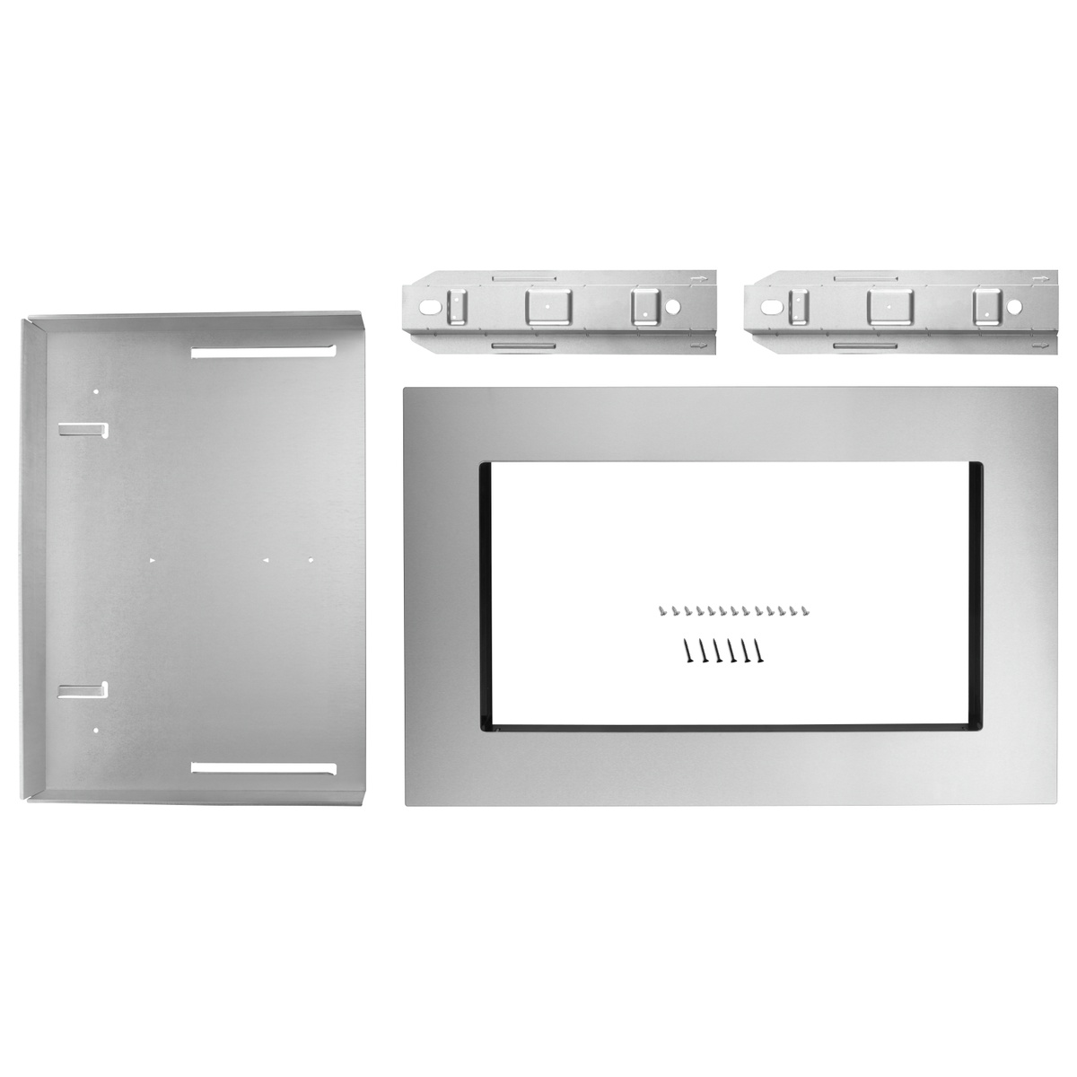 Stainless microwave trim kit parts including the front trim frame, mounting brackets, a backing plate, and screws