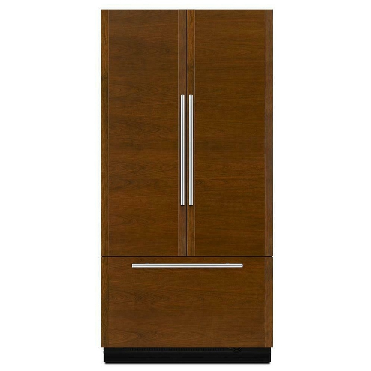 Fully integrated built-in refrigerator front with wood panel doors, long vertical handles, and a bottom freezer drawer