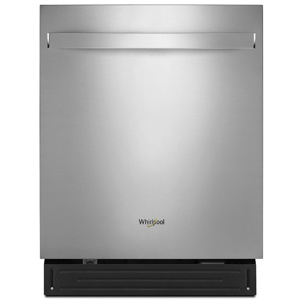 Front view of a stainless steel Whirlpool dishwasher panel with a top recessed handle area and Whirlpool logo