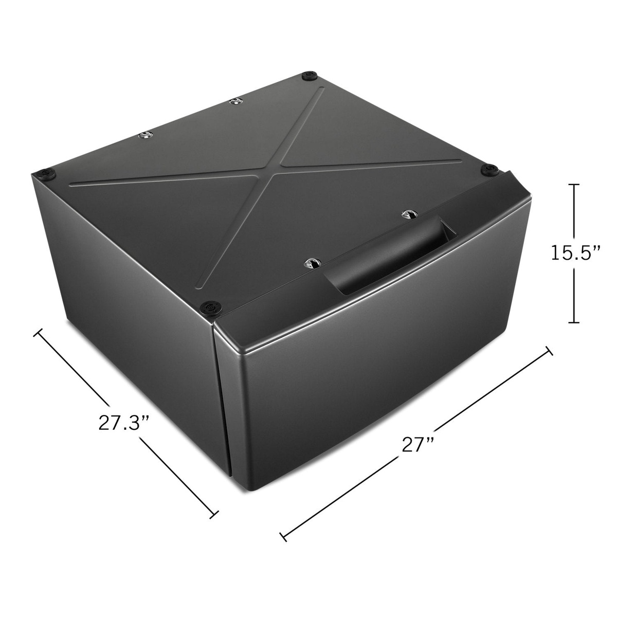Whirlpool pedestal shown with labeled dimensions 27 inches wide, 27.3 inches deep, and 15.5 inches tall