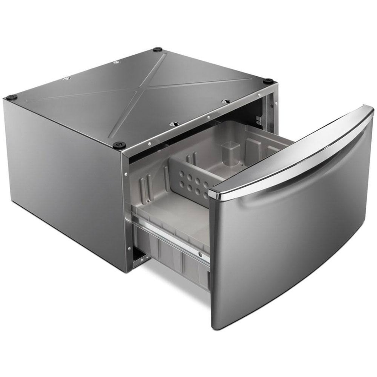 Metallic Slate laundry pedestal with the storage drawer pulled open, showing an organizer insert