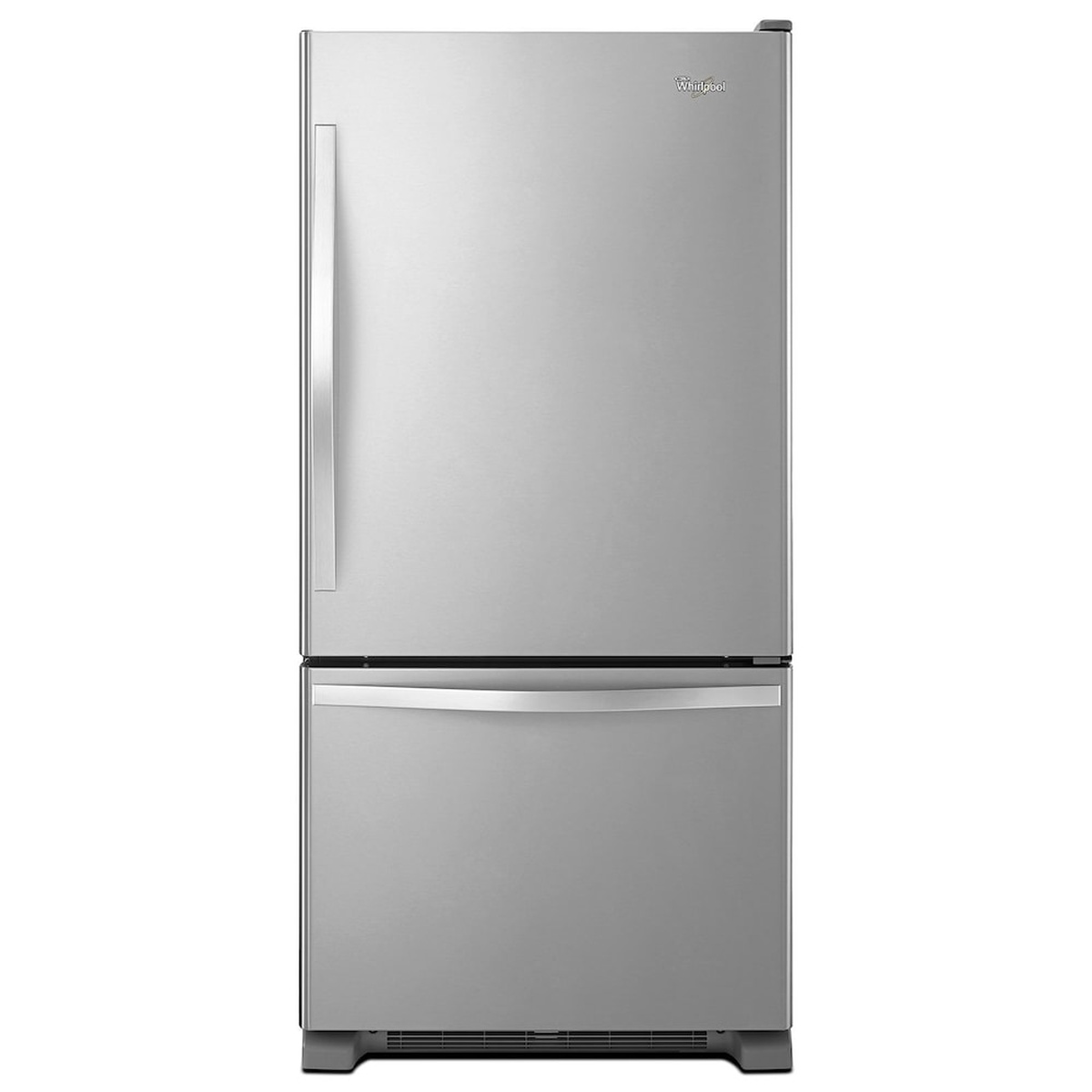 Front view of a stainless steel bottom-freezer refrigerator with a top door and bottom freezer drawer