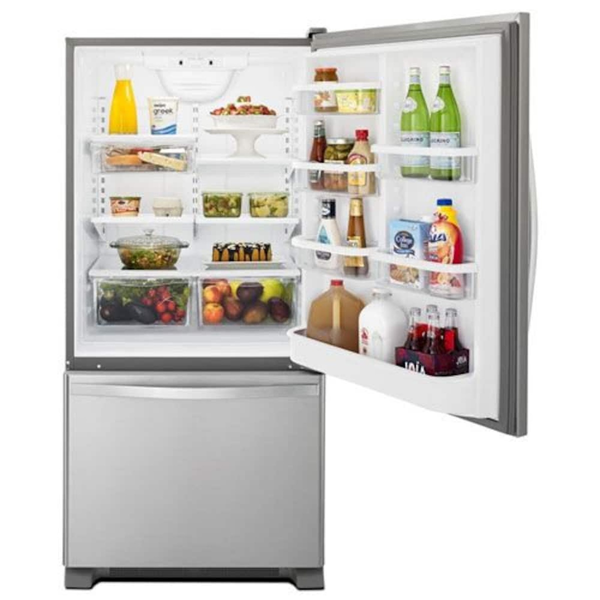 Open refrigerator showing interior shelves, door bins, and two clear produce drawers