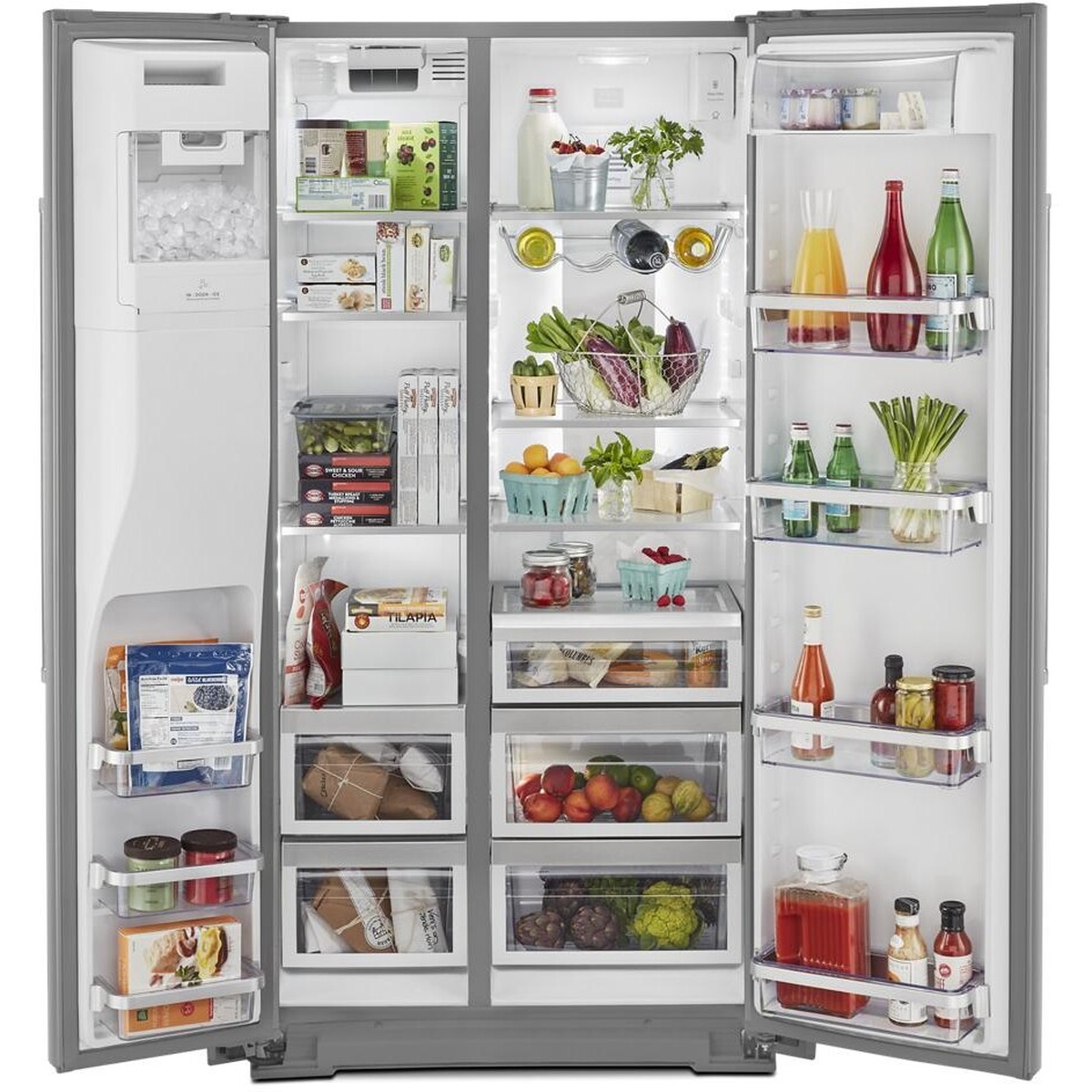 Open KitchenAid side-by-side refrigerator showing in-door ice bin, shelves, drawers, door bins, and a wine rack