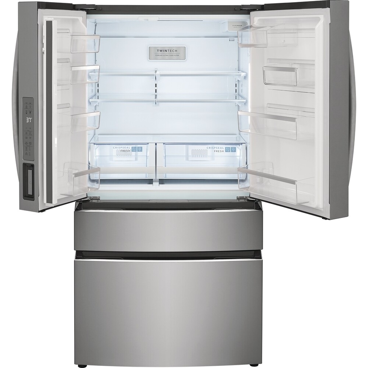 Open refrigerator interior showing LED lighting, glass shelves, door bins, and two CrispSeal Fresh produce crispers