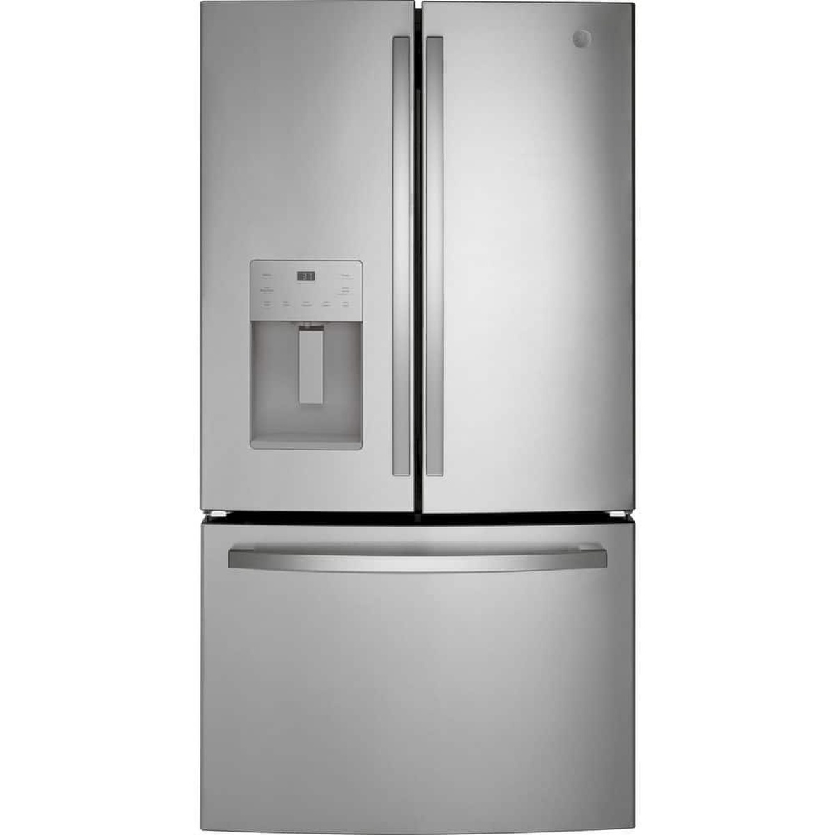 Front view of GE stainless French door refrigerator with external dispenser and bottom freezer drawer