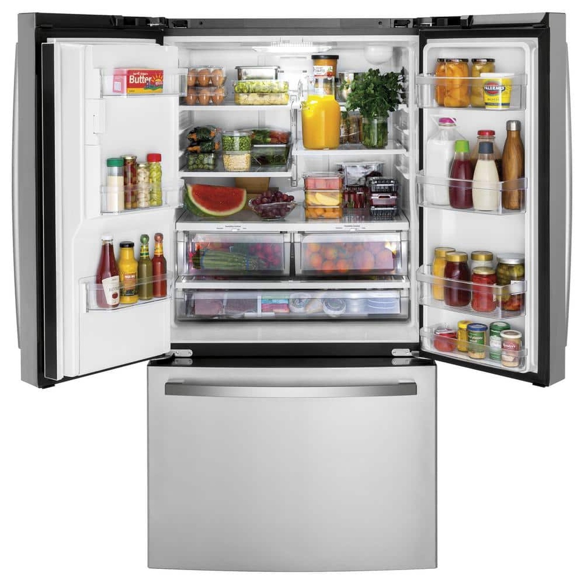 Open GE French door refrigerator showing adjustable shelves, door bins, and multiple produce drawers