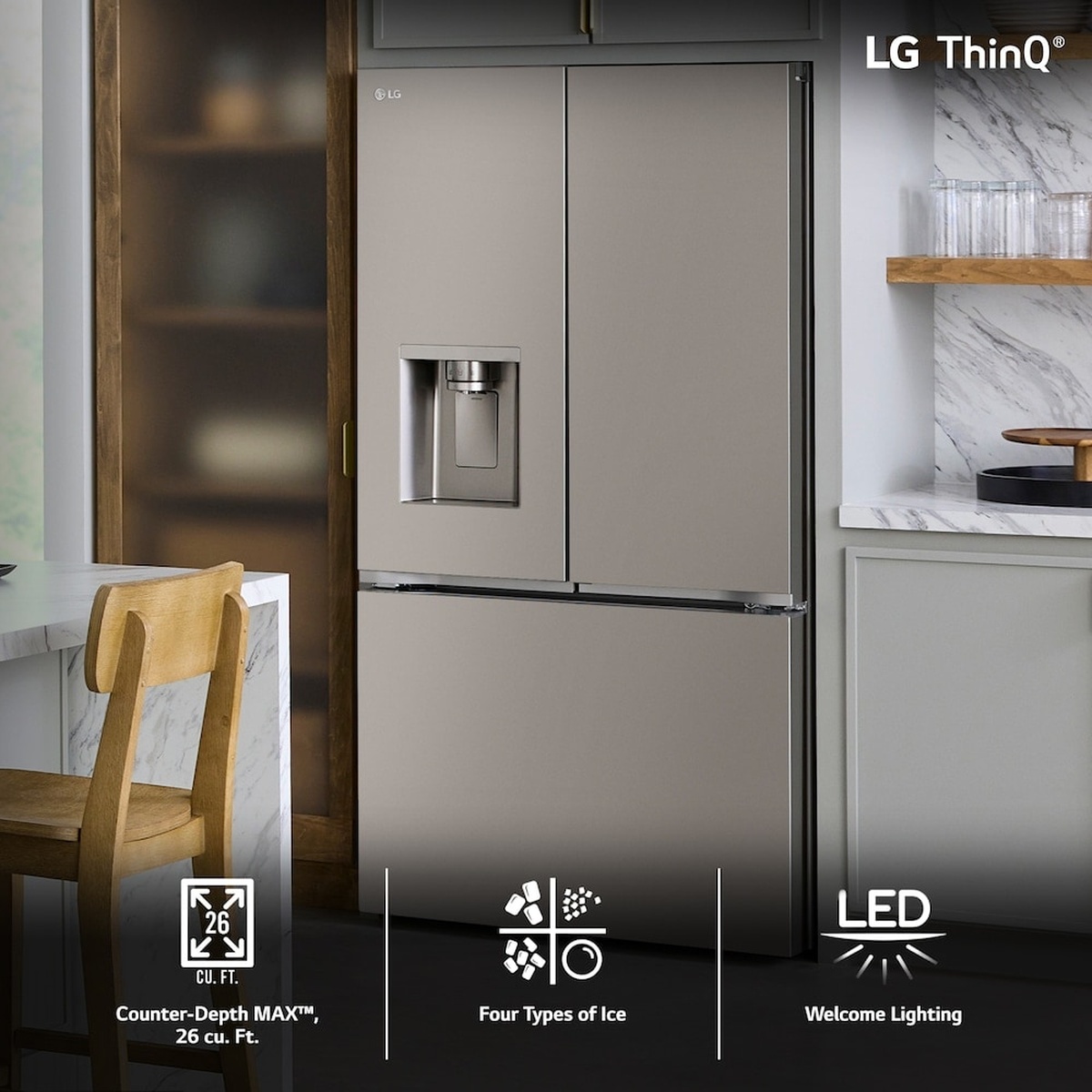 LG French door refrigerator in a kitchen with LG ThinQ branding and feature callouts