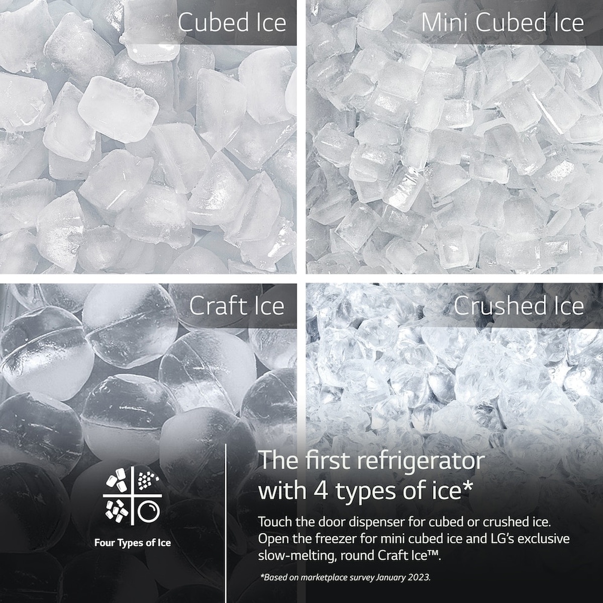 Graphic showing four ice types: cubed ice, mini cubed ice, craft ice, and crushed ice