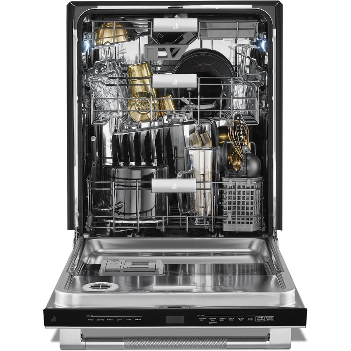 Open JennAir dishwasher showing a stainless-steel interior with three racks, interior lights, and a silverware basket, loaded with dishes and cookware.