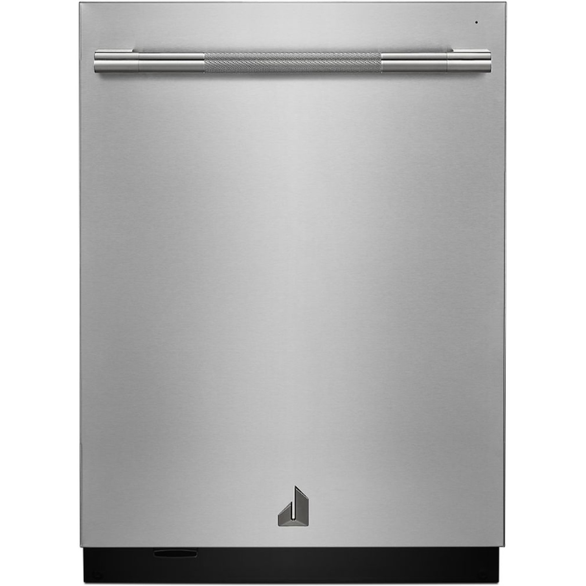 Front view of a JennAir fully integrated dishwasher with a stainless steel towel bar handle and minimal branding.