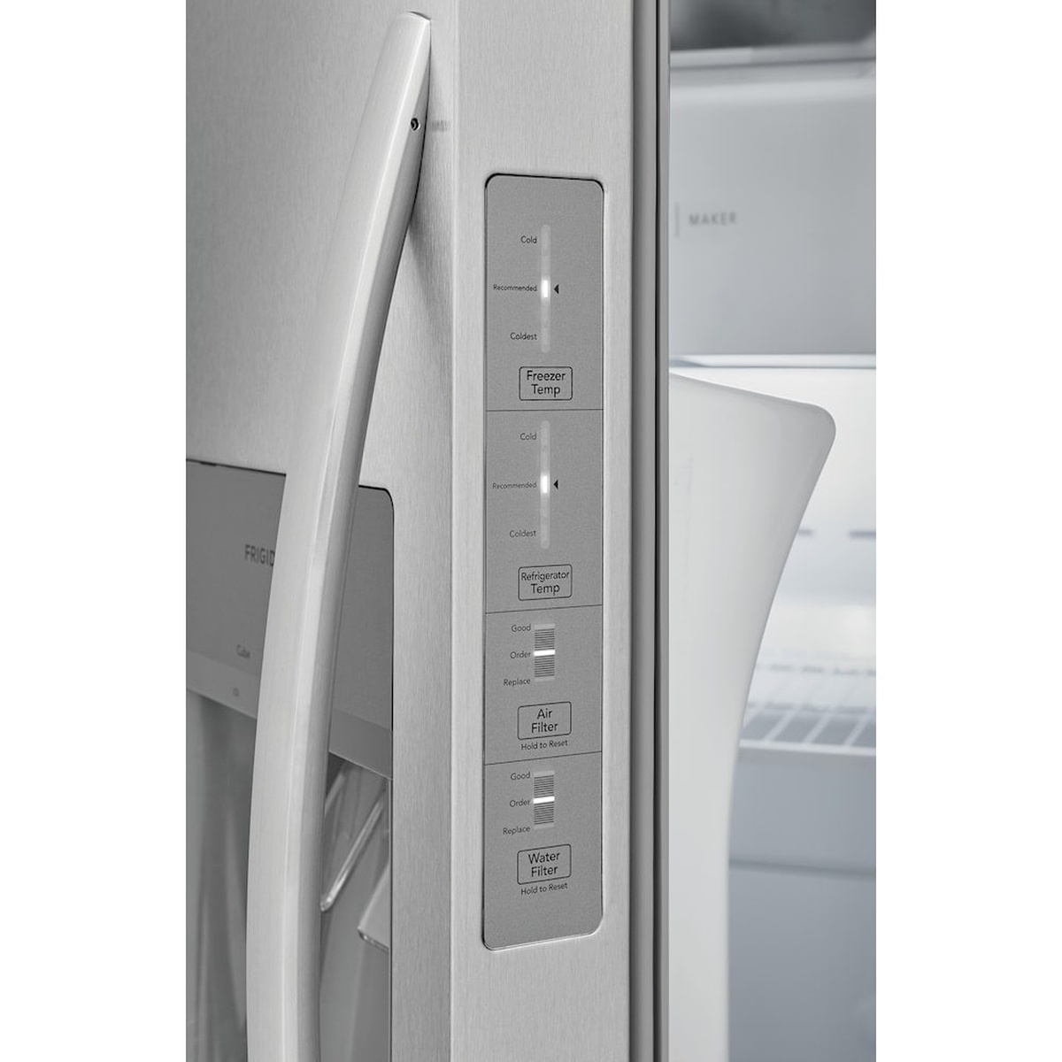 Door-edge control panel on a stainless steel side-by-side refrigerator showing freezer and refrigerator temperature settings plus air and water filter indicators