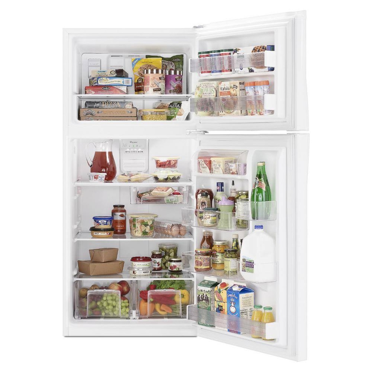 Open Whirlpool top-freezer refrigerator showing shelves, door bins, and two crisper drawers filled with groceries