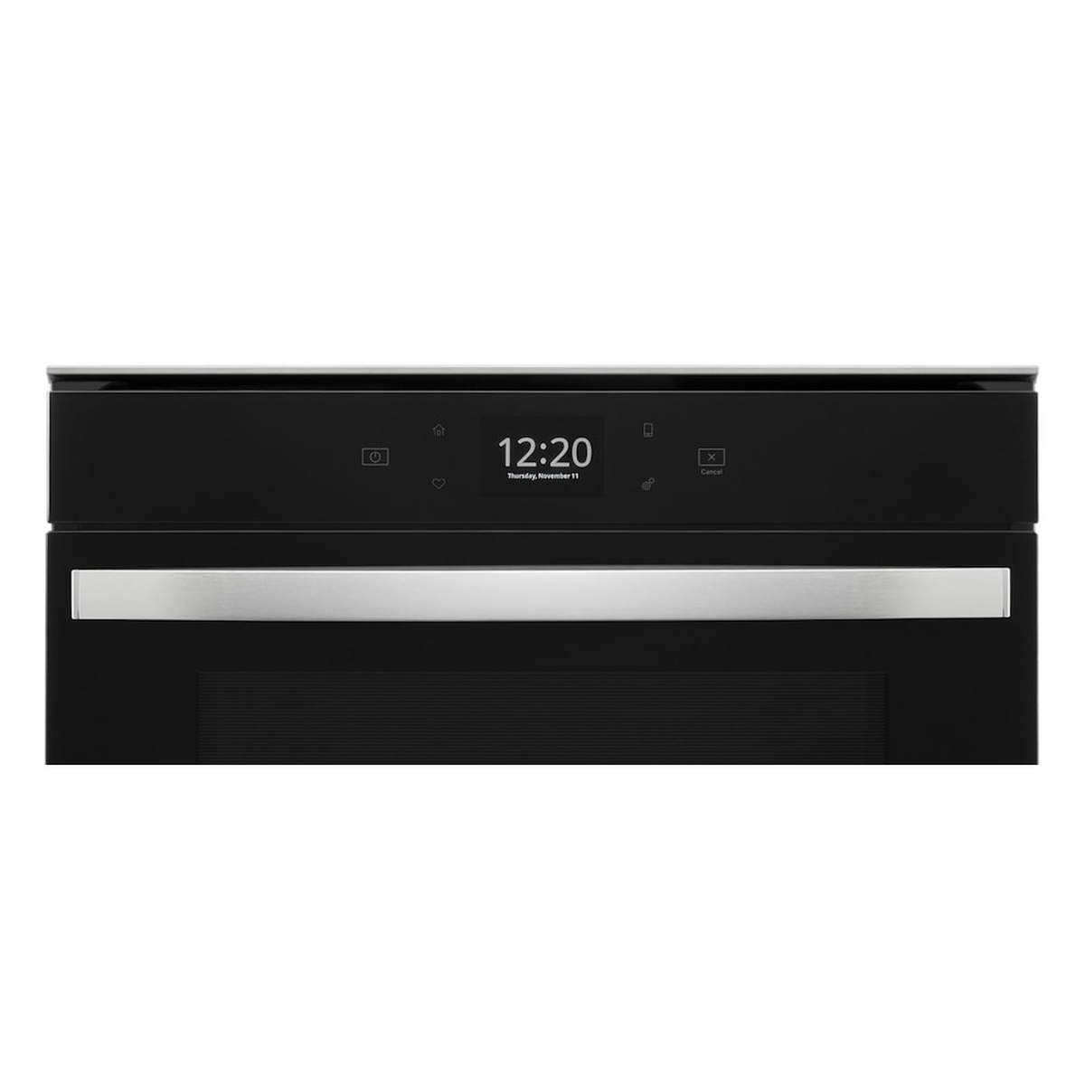 Close-up of the wall oven control panel with a central touchscreen display and icons