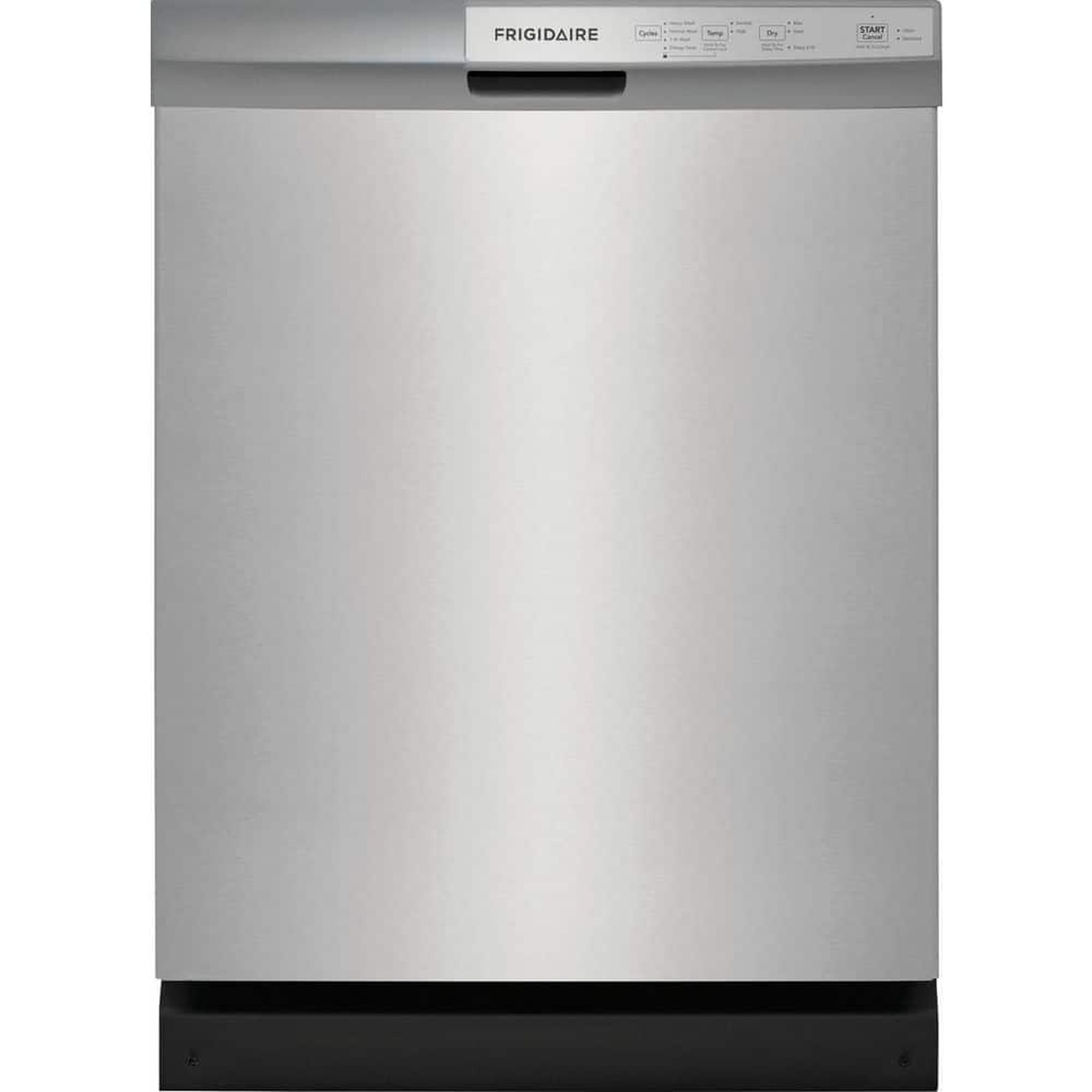 Front view of a Frigidaire stainless steel built-in dishwasher with a pocket handle and front controls