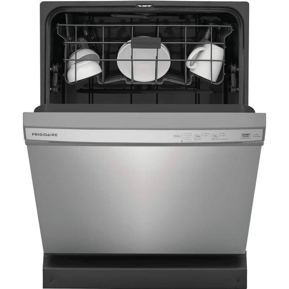 Frigidaire stainless dishwasher shown with the door open, revealing the upper rack and front control panel