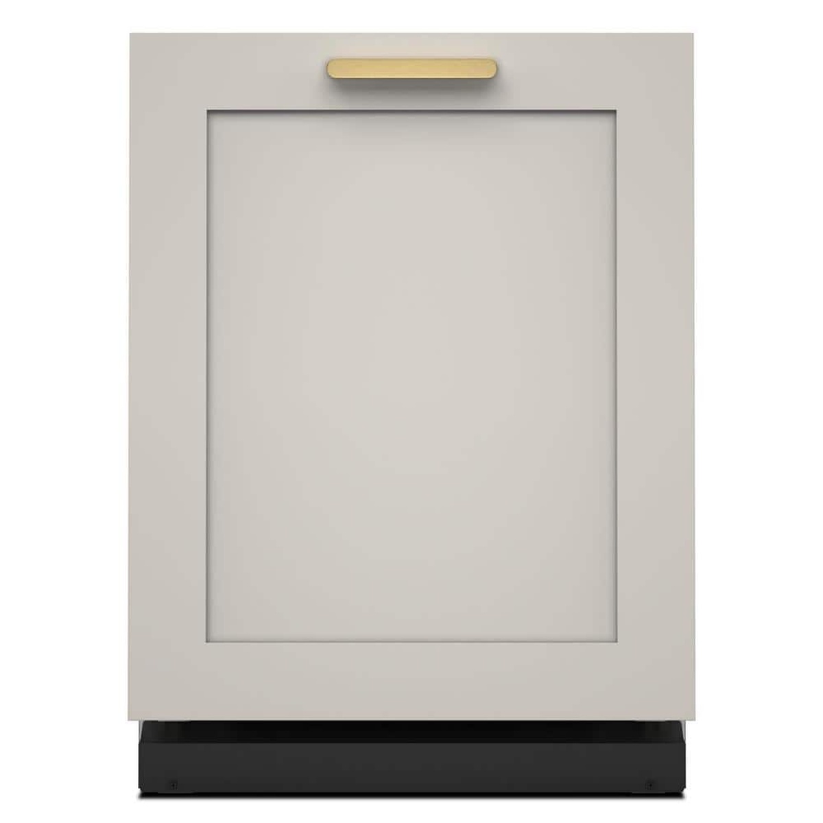 Front view of a panel-ready dishwasher door with a cabinet-style panel and a gold-tone handle