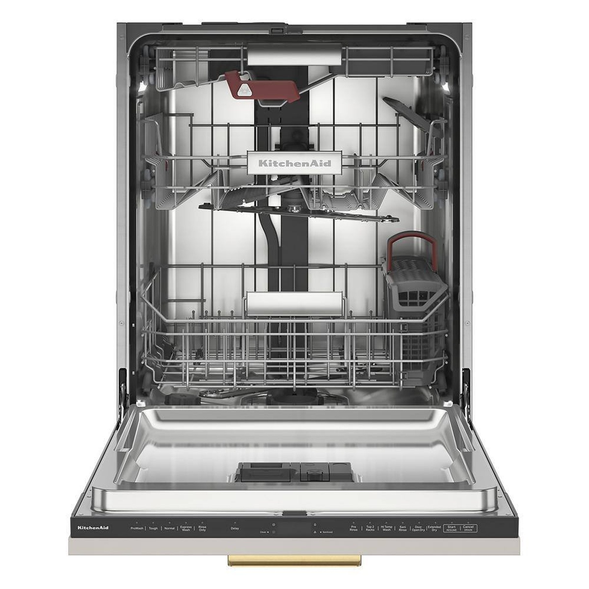 Open KitchenAid panel-ready dishwasher showing the interior racks and the front control panel along the top edge