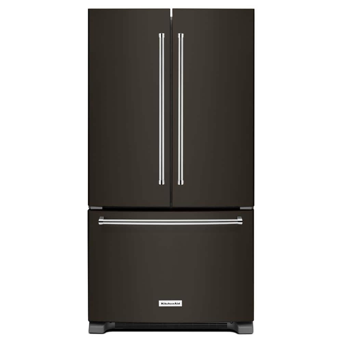 Front view of a KitchenAid French door refrigerator with black stainless finish and bar handles