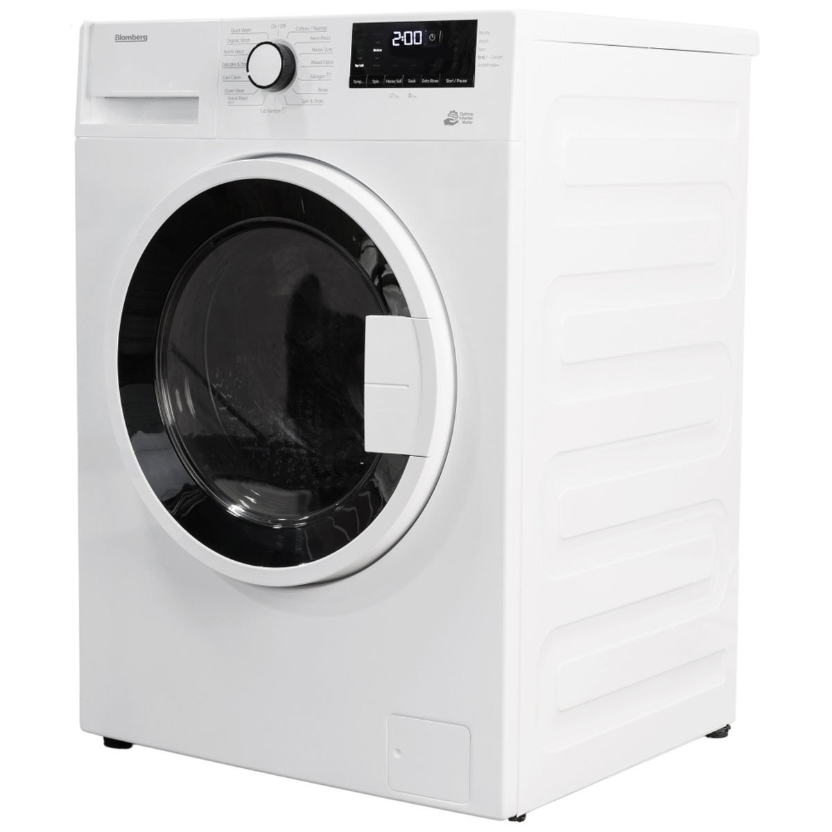 Angled front view of the white Blomberg WM72200W compact front load washer with a large round door, cycle dial, and digital control panel