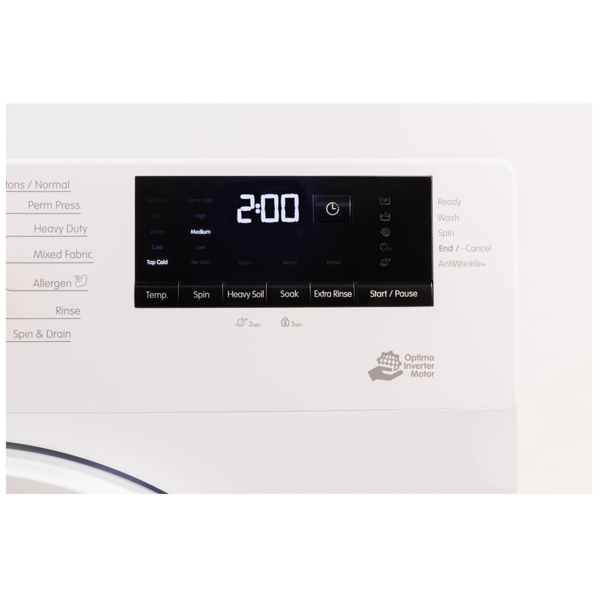 Close-up of the Blomberg washer control panel showing the digital time display and buttons for Temp, Spin, Heavy Soil, Soak, Extra Rinse, and Start/Pause, plus the Optima Inverter Motor logo