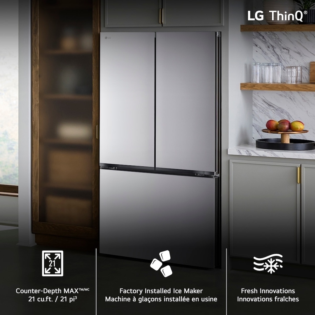 LG French door refrigerator installed in a kitchen with on-image callouts for LG ThinQ, Counter-Depth MAX, and factory installed ice maker