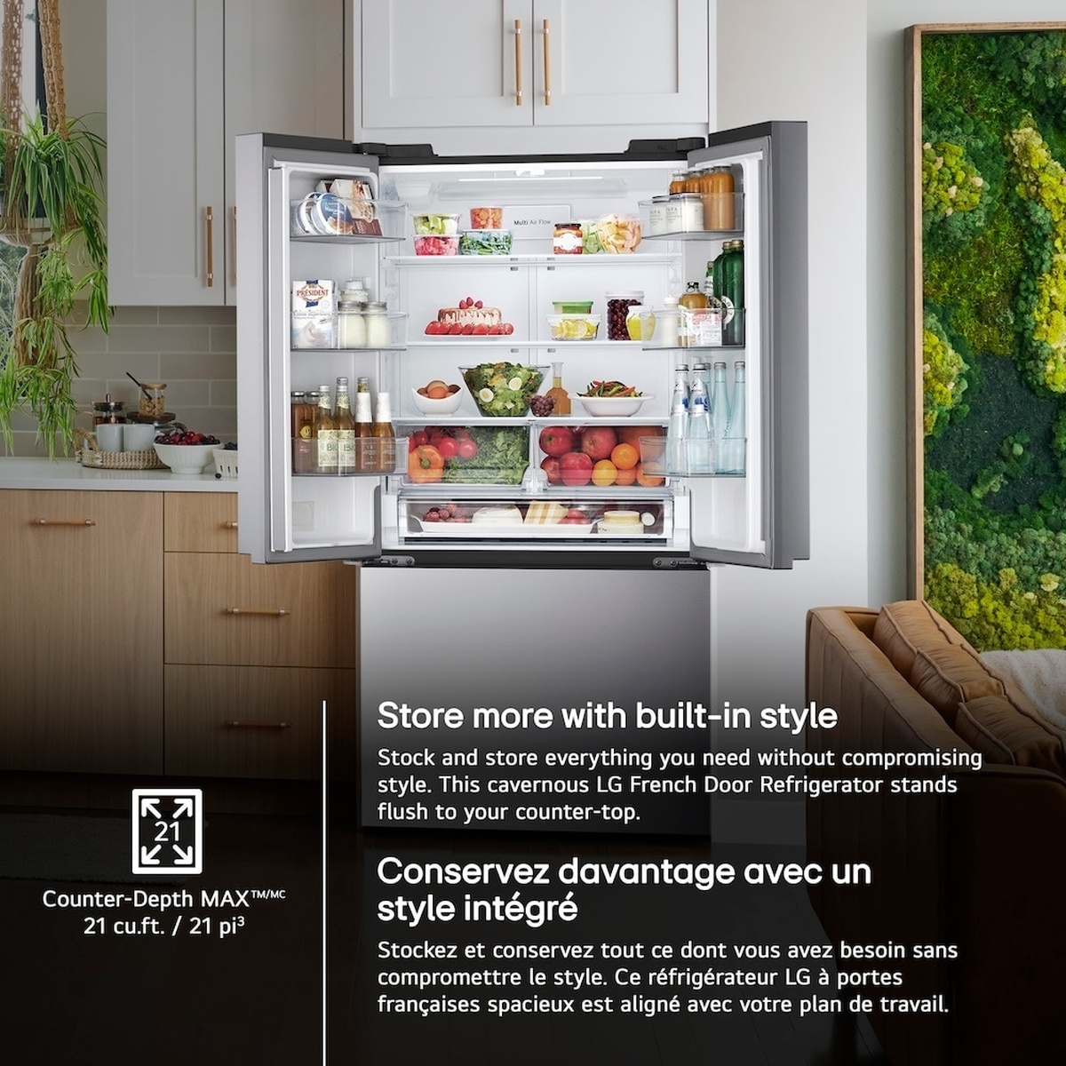 Open LG French door refrigerator in a kitchen, showing shelves, door bins, and drawers with food stored inside