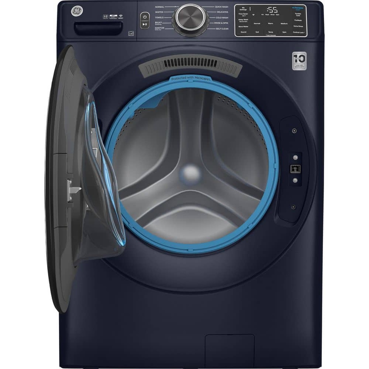 GE Sapphire Blue front load washer with the door open, showing the drum and blue door gasket