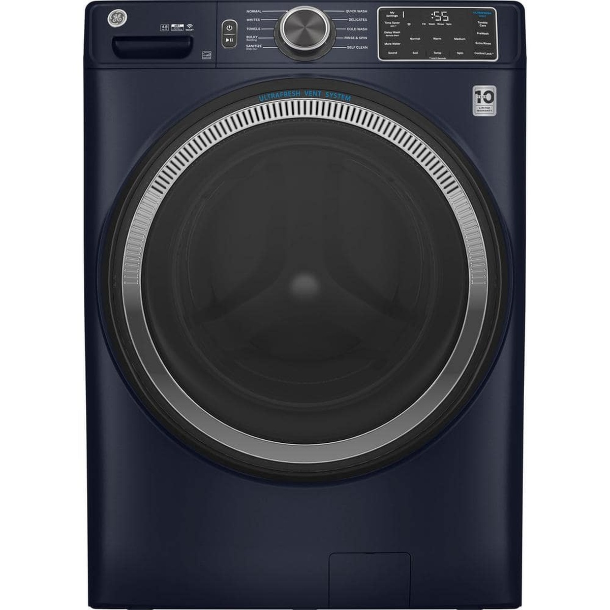 Front view of the GE Sapphire Blue front load washer with a central cycle dial and digital control panel