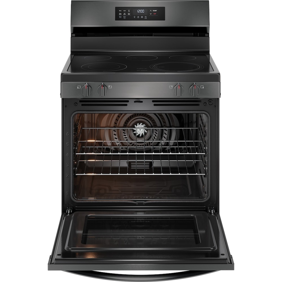 Frigidaire freestanding electric range with the oven door open, showing two oven racks, interior light, and a rear convection fan cover