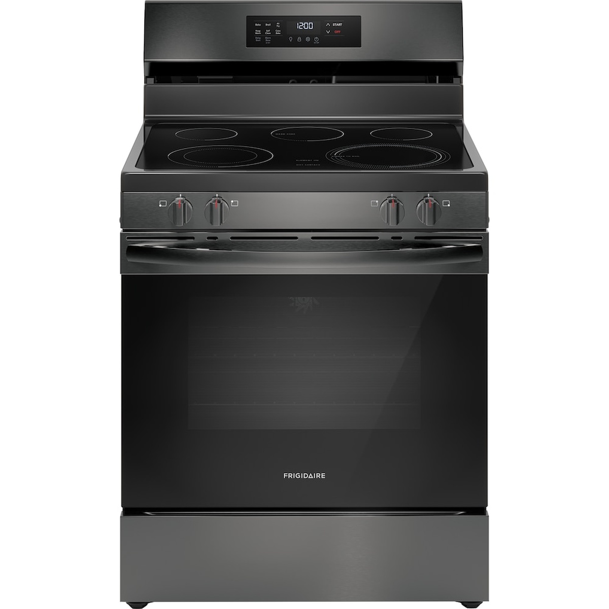 Front view of a Frigidaire freestanding electric range in black stainless steel with a smooth glass cooktop and a large oven door window