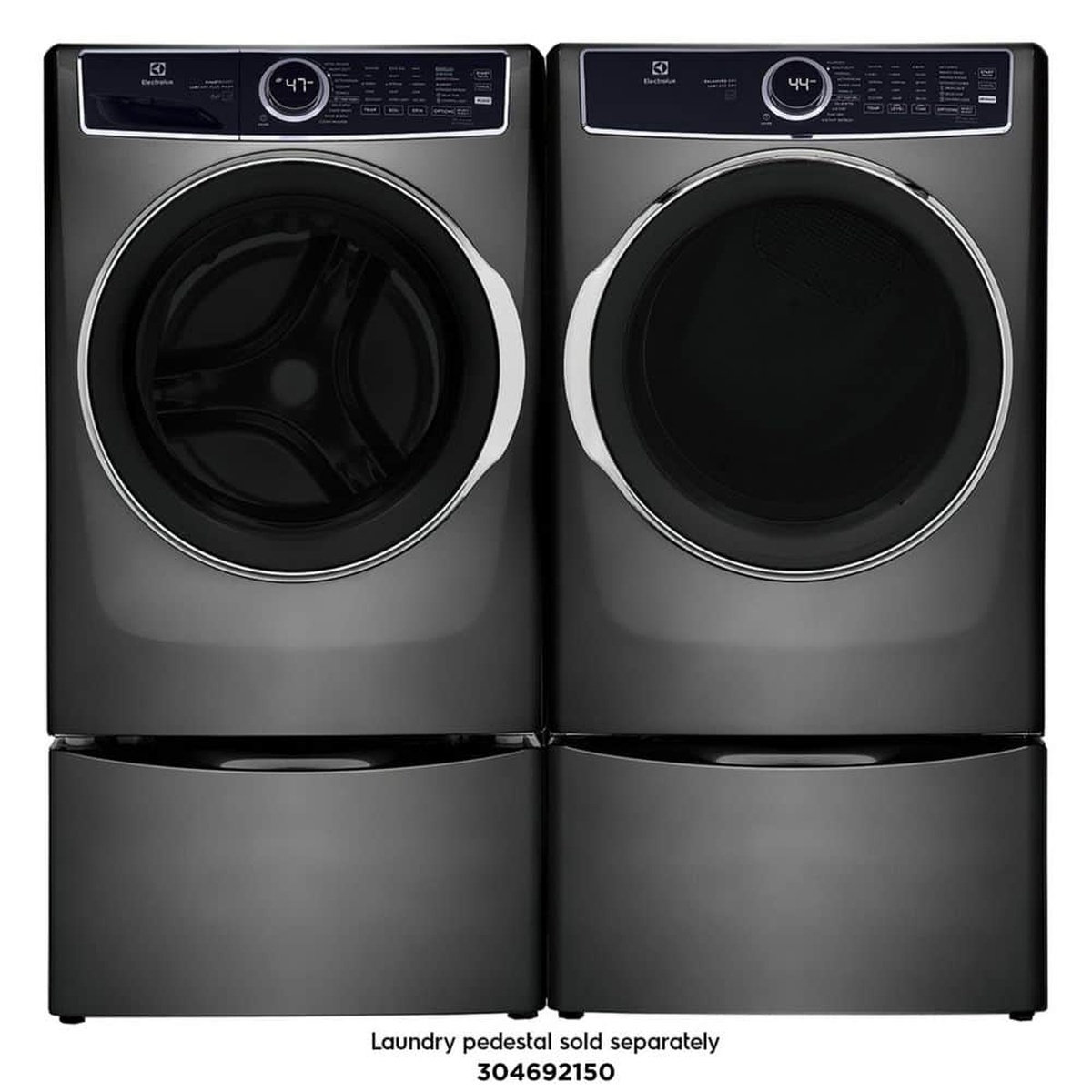 Electrolux front load washer and matching dryer shown side by side in Titanium finish with optional laundry pedestals