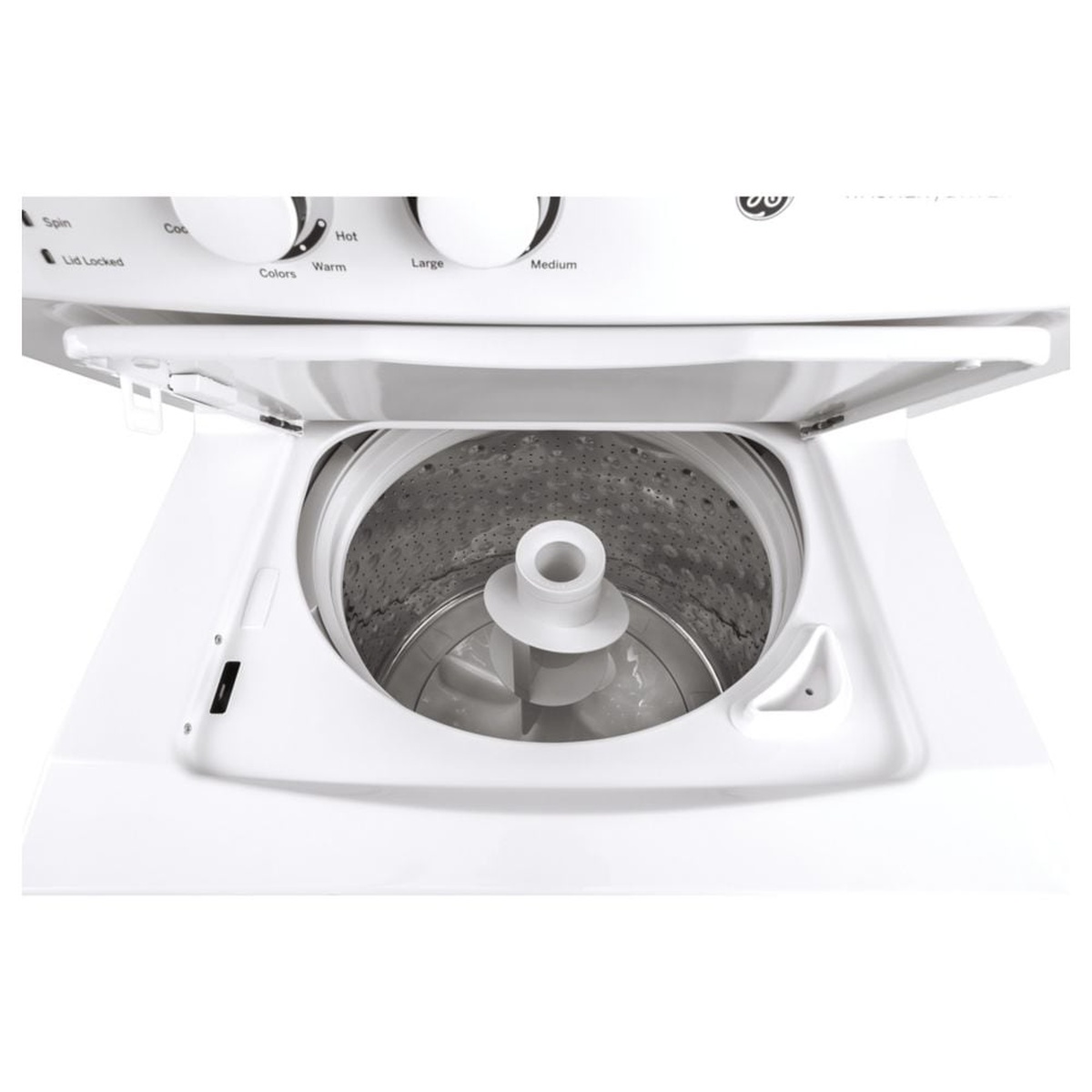 Top-load washer tub with a central agitator inside a stainless steel drum