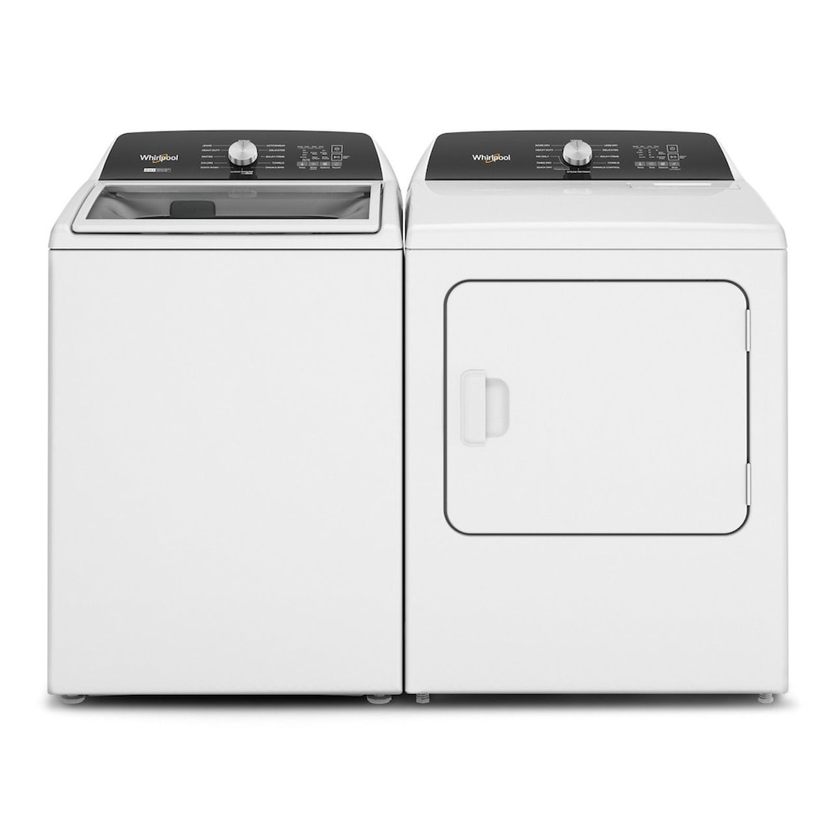 Matching white Whirlpool washer and dryer shown side by side