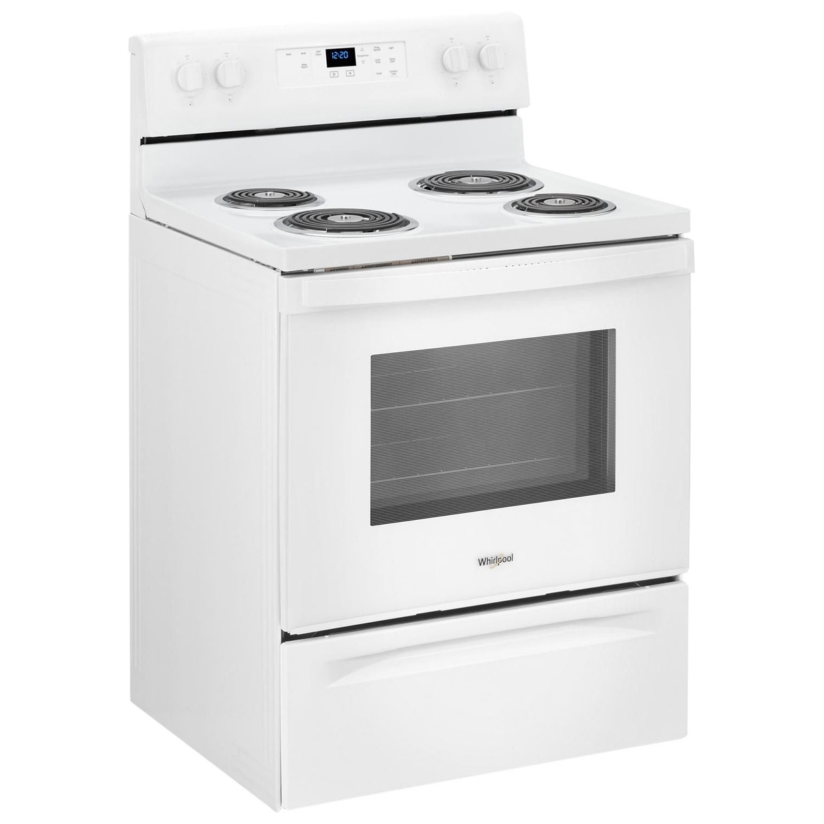 White Whirlpool 30-inch freestanding electric range with four coil burners and a large oven window