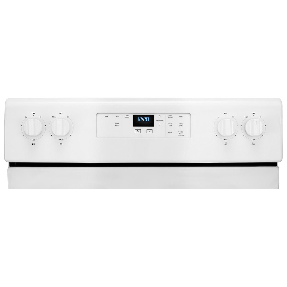 White Whirlpool range backguard with digital clock, touch buttons for oven settings, and four burner knobs