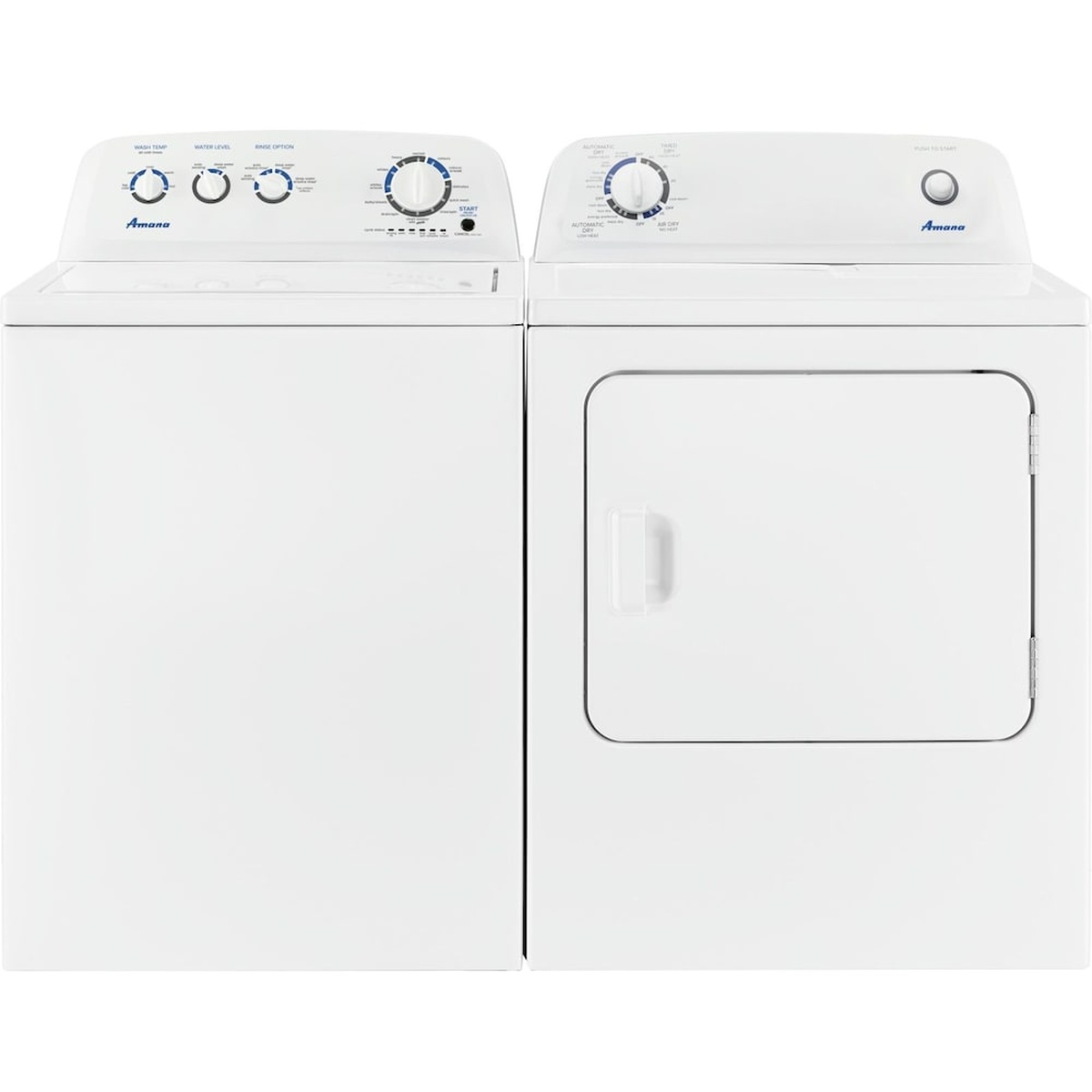 Amana white top-load washer shown next to a matching white dryer in a side-by-side set