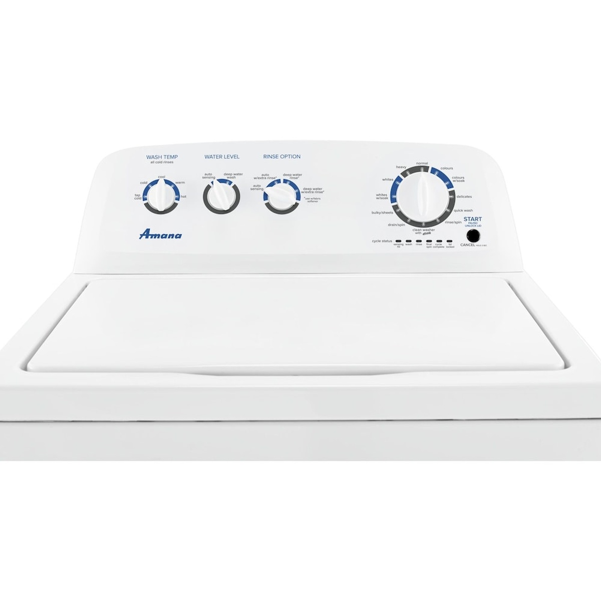Close-up of the Amana top-load washer control panel with cycle knob, wash temperature, water level, and rinse option dials