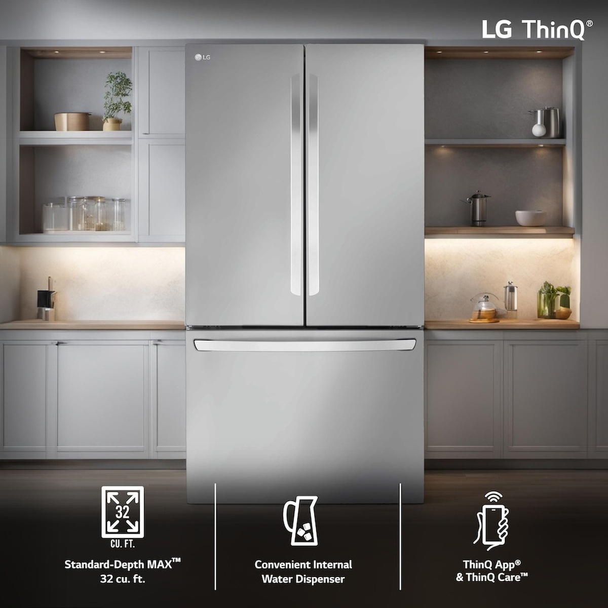 LG ThinQ branded stainless French door refrigerator installed in a modern kitchen with callouts for 32 cu. ft. capacity and internal water dispenser.