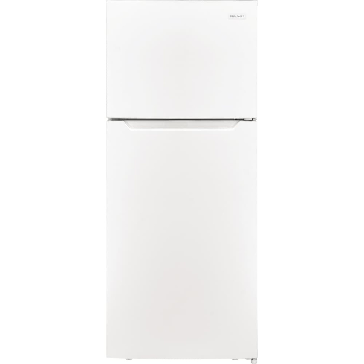 Front view of a white Frigidaire top-freezer refrigerator with integrated handle