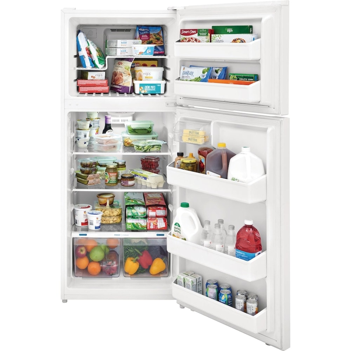 Open Frigidaire top-freezer refrigerator showing glass shelves, large door bins, and two clear crisper drawers