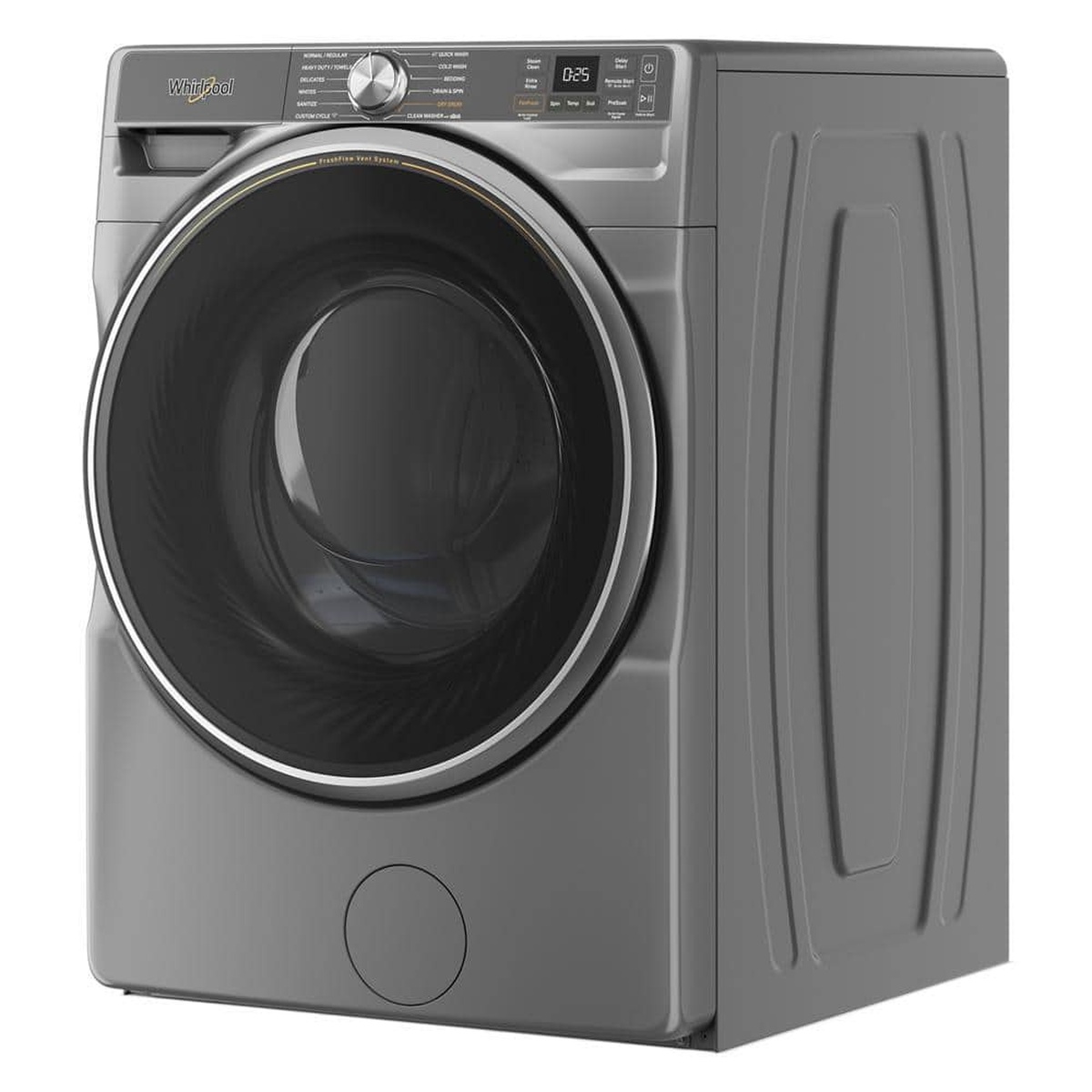 Angled view of the Radiant Silver Whirlpool front-load washer showing the large door and overall cabinet design