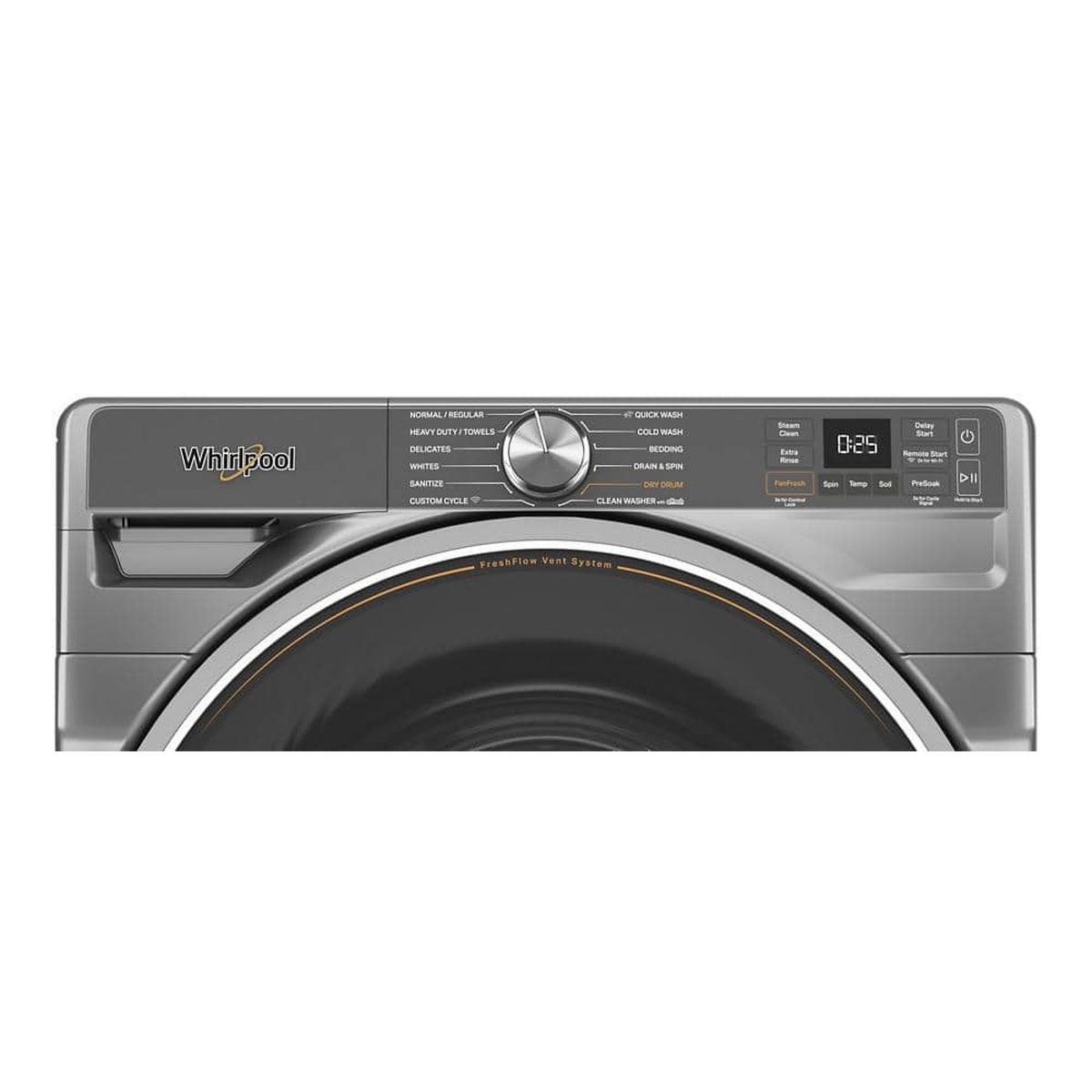 Close-up of the Whirlpool washer control panel with cycle dial, time display, and labeled options including FanFresh and Dry Drum