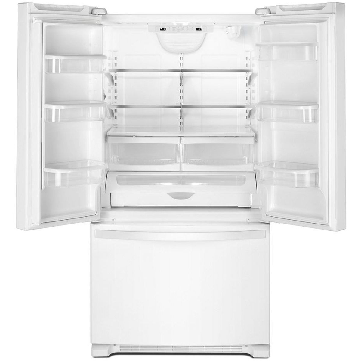 Refrigerator interior with adjustable glass shelves, door bins, and full-width drawer