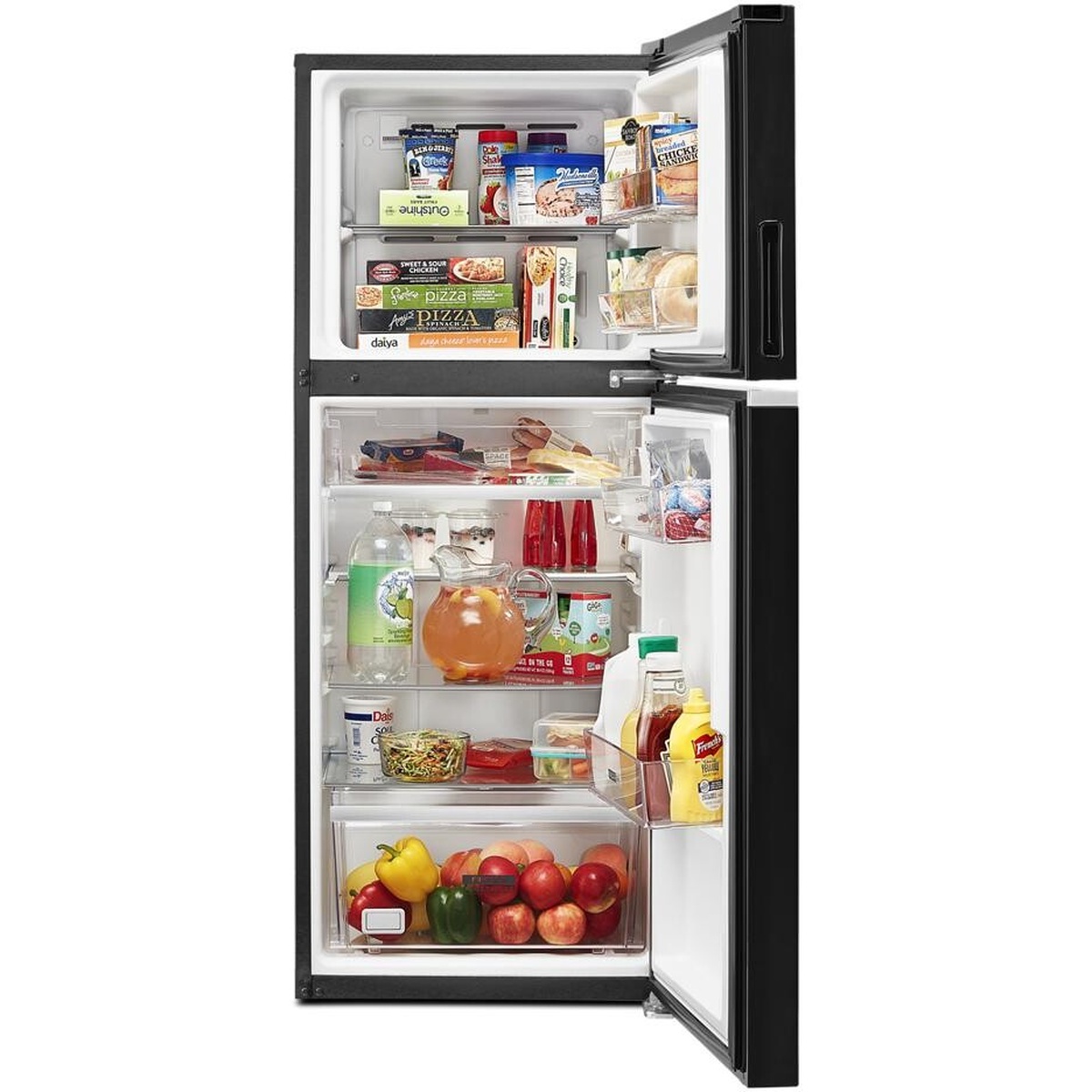 Open Whirlpool top-freezer refrigerator showing door bins, glass shelves, and a bottom crisper drawer