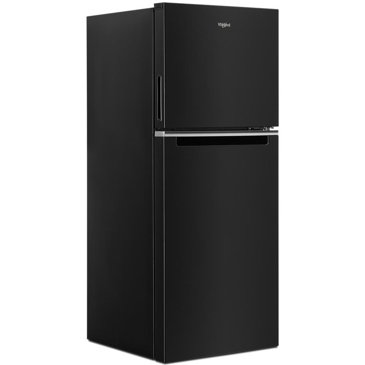 Angled front view of a black Whirlpool 24-inch wide top-freezer refrigerator with integrated handles