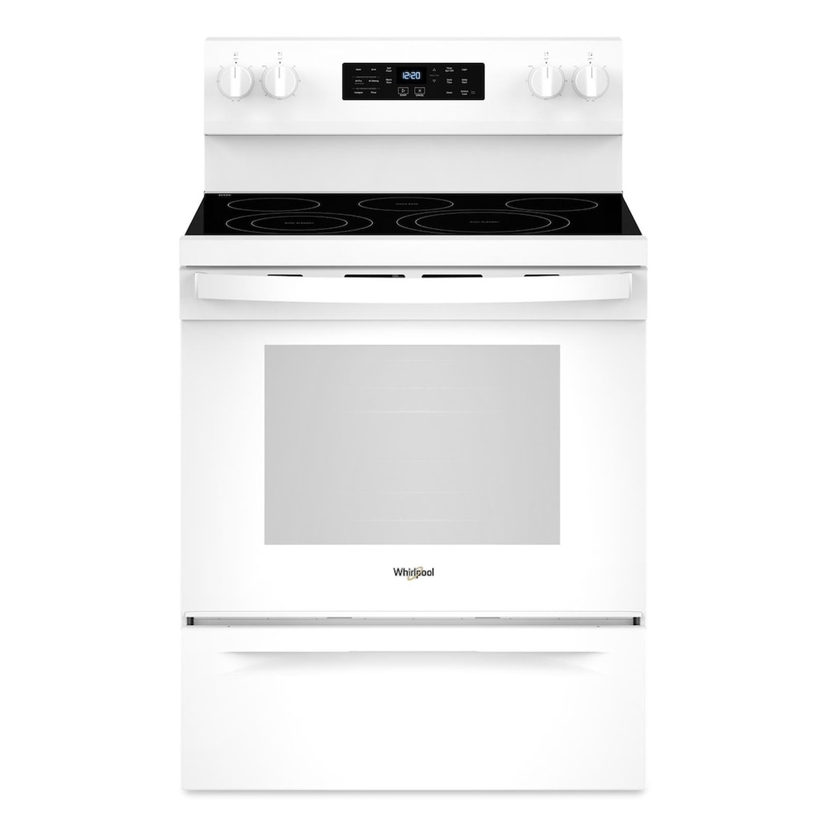 Front view of a white Whirlpool freestanding electric range with smooth black glass cooktop, back control panel, oven window, and lower storage drawer