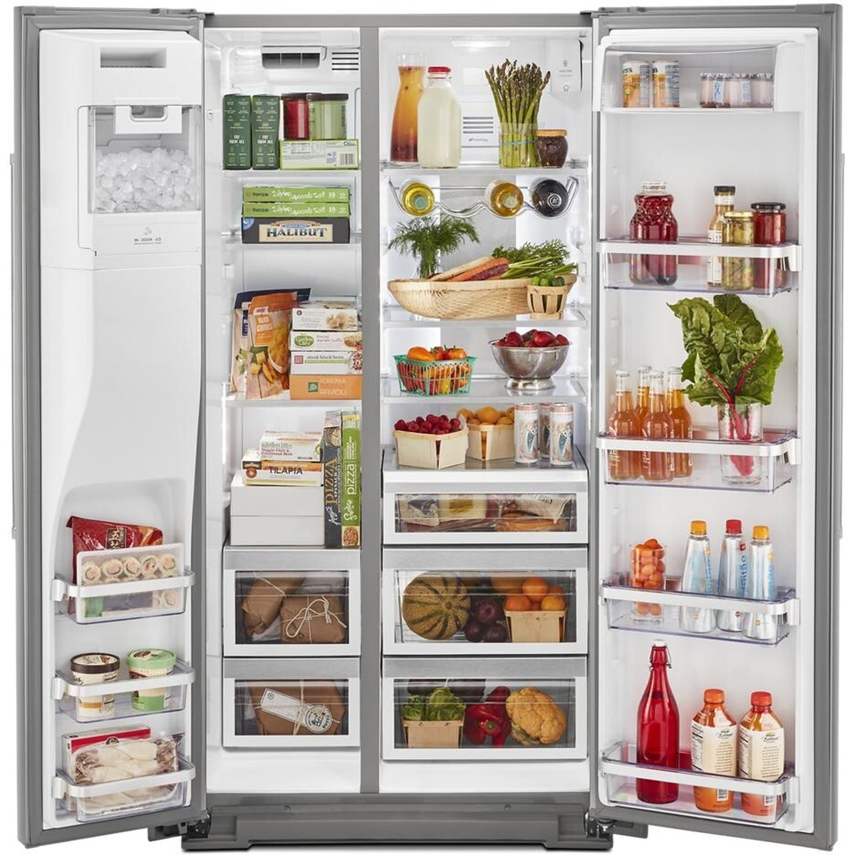Open KitchenAid side-by-side refrigerator showing in-door ice bin on the left door, multiple glass shelves, a wine rack, and clear door bins