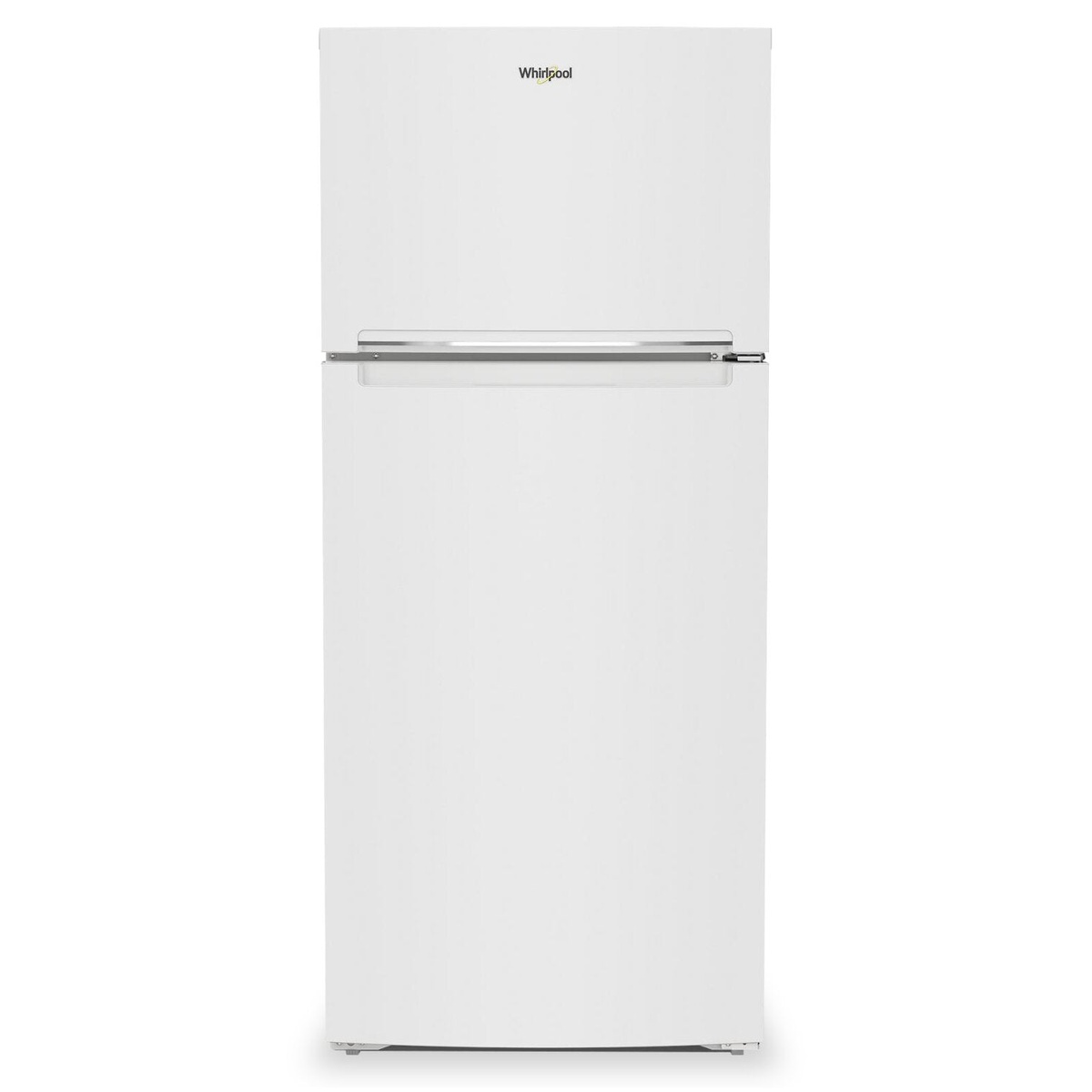 Front view of a white Whirlpool top-freezer refrigerator with a horizontal handle